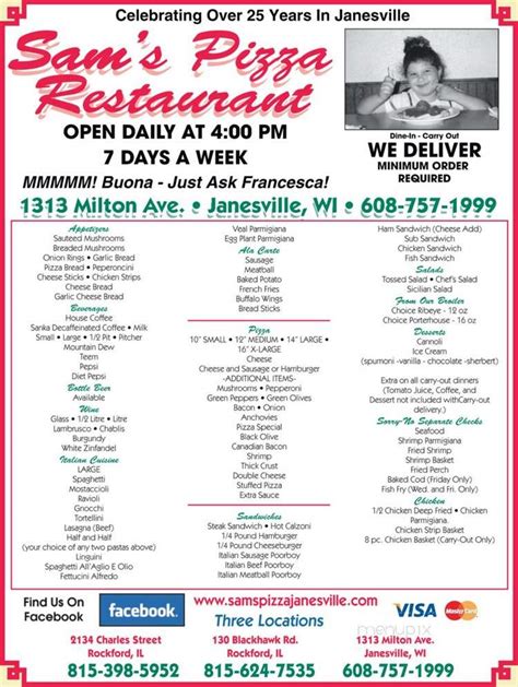 Sams janesville - Business info. View the Menu of Sams Pizza of Janesville in 1313 Milton Ave, Janesville, WI. Share it with friends or find your next meal. Italian restaurant.